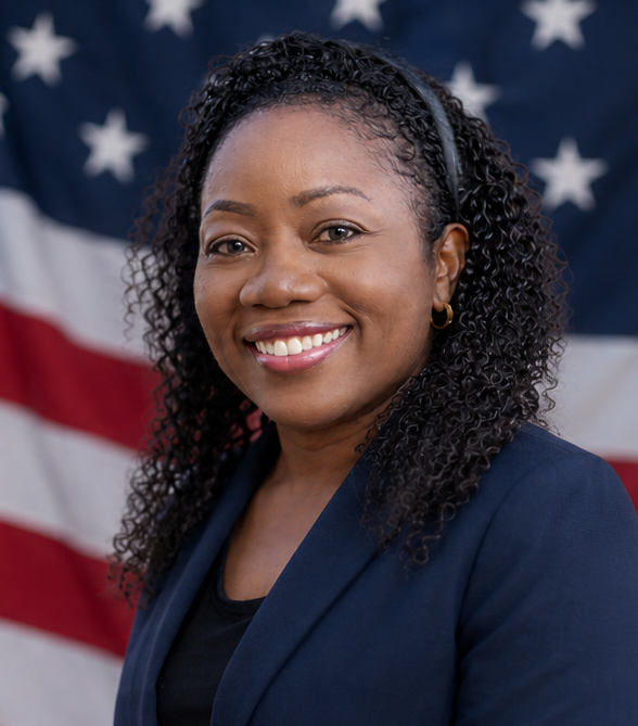 Ronda Bowen, candidate for TVUSD Trustee Area 3, in front of an American flag